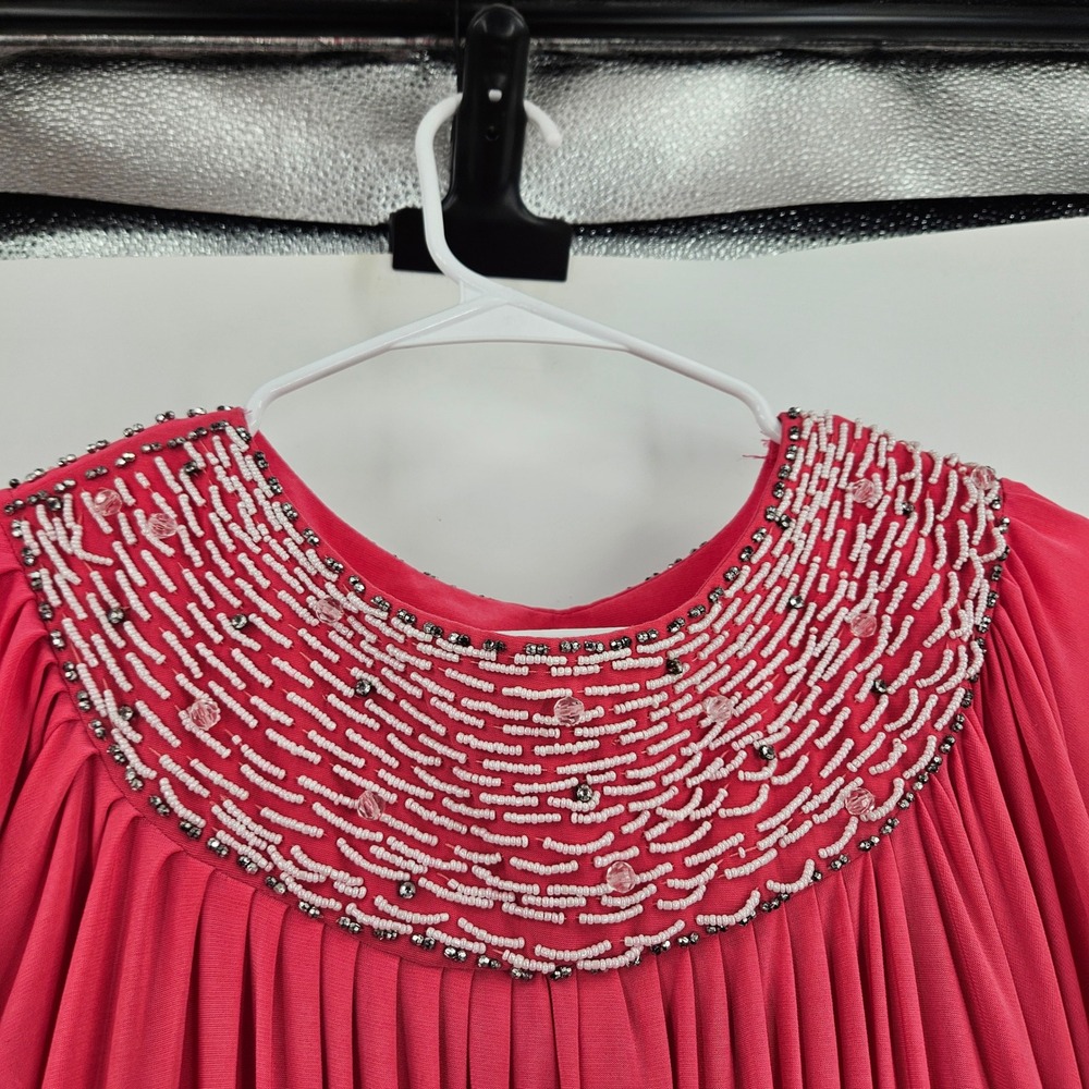 Vintage 70s Kaftan Maxi Dress Pink Stretched Beaded Flowy Boho Modest Evening M - Picture 10 of 12